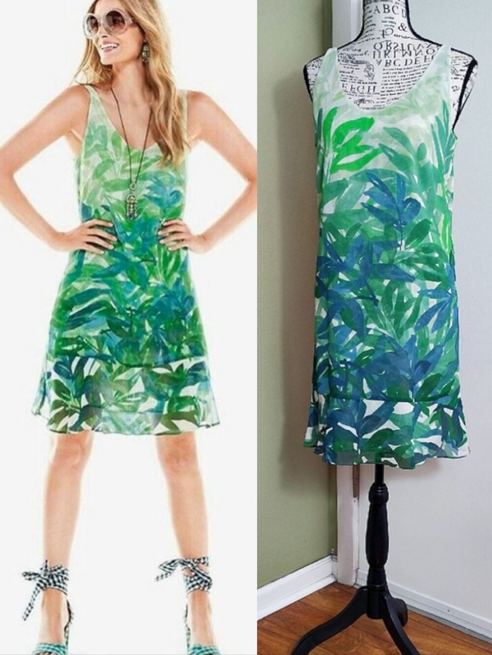 Cabi Green Tropical Palm Leaf Print Sleeveless Mini Dress Small Resortwear